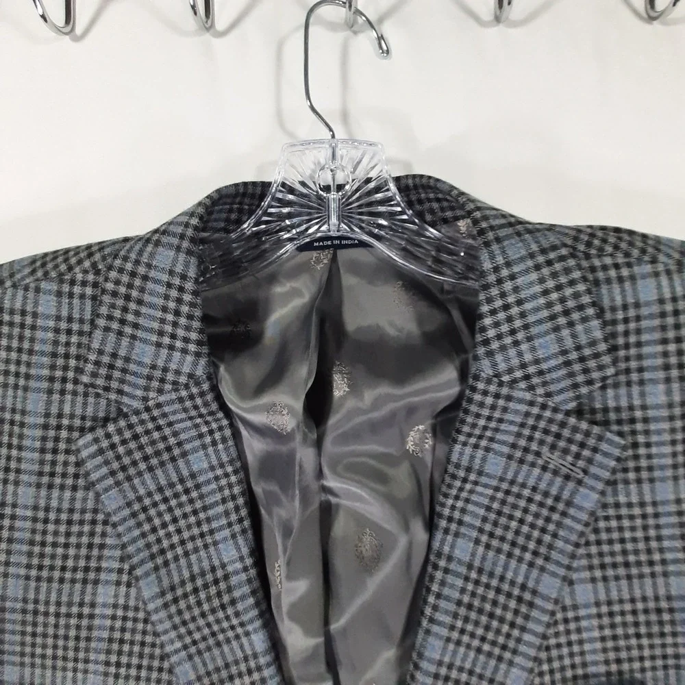 Lauren Ralph Lauren Blazer 52R Silk Wool Plaid Gray Blue‎ Sport Coat Men Big